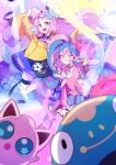  2girls absurdres arm_up bag bellibolt blue_eyes blue_hair blush breasts checkered_clothes checkered_skirt collarbone fairy_miku_(project_voltage) grey_skirt hatsune_miku highres holding holding_phone iono_(pokemon) jacket jigglypuff kkanyong long_hair long_sleeves looking_at_viewer low-tied_long_hair magnemite medium_breasts multicolored_hair multiple_girls official_alternate_costume official_alternate_hairstyle open_mouth parted_lips phone pink_eyes pink_hair pink_nails pink_shirt pleated_skirt pokemon pokemon_(creature) project_voltage sharp_teeth shirt skirt sleeves_past_wrists smile socks streamers teeth thigh_strap twintails v very_long_hair vocaloid white_socks wide_sleeves yellow_jacket 
