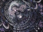  1girl acrylic_paint_(medium) black_dress blonde_hair bonnet breasts bug butterfly commentary_request corset dress expressionless floating_hair flower frilled_sleeves frills gothic_lolita highres lolita_fashion long_hair looking_at_viewer navel original painting_(medium) plant red_eyes rose small_breasts solo sumire_shisei thorns traditional_media vines wavy_hair wide_sleeves 