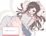  1girl apron bandaged_arm bandaged_leg bandages bandaid bandaid_on_knee bandaid_on_leg blush brown_hair collared_shirt d: danganronpa_(series) danganronpa_2:_goodbye_despair highres long_hair mole mole_under_eye pink_eyes pink_shirt pleated_skirt pote_(pote_39) shirt skirt solo tearing_up tsumiki_mikan two-tone_shirt white_apron white_background 