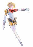  1girl 6y_76 aigis_(persona) blonde_hair bow bowtie hashtag-only_commentary headset highres joints looking_to_the_side mechanical_arms mechanical_legs persona persona_3 red_bow red_bowtie robot_girl robot_joints short_hair simple_background solo white_background 