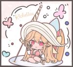  1girl artist_name azur_lane bare_shoulders breasts character_name chibi chibi_only cleavage commentary cup food frilled_one-piece_swimsuit frills futaba_(anti_clockwise) hair_between_eyes holding holding_cup large_breasts light_smile long_hair looking_at_viewer official_alternate_costume one-piece_swimsuit parfait pink_one-piece_swimsuit red_eyes richelieu_(azur_lane) richelieu_(fleuron_of_the_waves)_(azur_lane) side-tie_swimsuit solo surfboard swimsuit symbol-only_commentary very_long_hair 