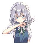  1girl absurdres between_fingers blue_eyes blush bow braid chinese_commentary closed_mouth commentary_request green_bow green_ribbon grey_hair hair_bow highres holding holding_knife izayoi_sakuya knife knives_between_fingers long_hair looking_at_viewer maid maid_headdress neck_ribbon puffy_short_sleeves puffy_sleeves ribbon setteiset short_sleeves simple_background solo touhou twin_braids upper_body white_background 