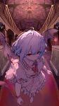  1girl absurdres ascot bat_wings blue_hair brooch carpet chandelier commentary_request frilled_shirt_collar frilled_skirt frills hair_between_eyes highres indoors jewelry looking_at_viewer pillar pink_shirt pink_skirt puffy_short_sleeves puffy_sleeves railing red_ascot red_carpet red_eyes remilia_scarlet shirt short_hair short_sleeves skirt solo statue touhou walking white_shirt white_skirt wings yuara 