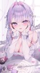  1girl :d ahoge armpit_crease blunt_bangs blush braid breasts camisole chair choker cleavage fang food fork frilled_camisole frilled_shirt frills hair_intakes hair_ribbon happy_birthday head_on_hand highres indie_virtual_youtuber large_breasts looking_at_viewer macaron pink_camisole pink_nails pink_streaks plate pov_across_table purple_eyes purple_hair ribbon shinotsuki_lupi shirt shu_bii side_braids single_bare_shoulder single_off_shoulder skin_fang smile solo star-shaped_pupils star_(symbol) symbol-shaped_pupils virtual_youtuber watermark white_choker white_ribbon white_shirt 