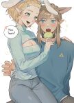  1boy 1girl animal_ear_hairband animal_ears blonde_hair blue_eyes blue_shirt blue_sweater braid breasts candy cleavage cleavage_cutout clothing_cutout collar commentary couple crown_braid fake_animal_ears fake_tail food green_eyes grey_pants hair_ornament hairband hairclip hand_on_another&#039;s_shoulder hetero highres holding holding_candy holding_food holding_lollipop lap_pillow link lollipop open_mouth pants pointy_ears princess_zelda rabbit_ear_hairband rabbit_ears rabbit_tail shirt speech_bubble spiked_collar spikes sweater symbol-only_commentary tail the_legend_of_zelda the_legend_of_zelda:_tears_of_the_kingdom triforce triforce_print zeldm 