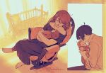  1boy 1girl baby bare_arms bare_shoulders barefoot brown_hair carrying carrying_baby carrying_person chair closed_eyes closed_mouth collared_shirt couple cradle crossed_legs dress earrings english_commentary facing_another father_and_child feet full_body if_they_mated indoors jewelry kiss kissing_forehead lips mother_and_child off-shoulder_dress off_shoulder on_chair paaaatchieee parent_and_child persona persona_3 profile shirt short_hair signature sitting smile stud_earrings takeba_yukari toes upper_body yuuki_makoto_(persona_3) 