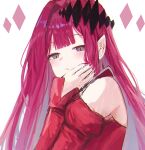  1girl absurdres baobhan_sith_(fate) baobhan_sith_(first_ascension)_(fate) bare_shoulders black_eyes closed_mouth detached_sleeves expressionless fate/grand_order fate_(series) from_side hair_ornament hand_up highres juliet_sleeves long_hair long_sleeves looking_at_viewer looking_to_the_side pink_hair pointy_ears puffy_sleeves sidelocks slit_pupils solo upper_body white_background zapik 