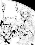  ai_takurou apron bat_wings blush bow braid dress fang flandre_scarlet greyscale hair_bow hat hong_meiling izayoi_sakuya maid_headdress monochrome multiple_girls remilia_scarlet short_hair side_ponytail smile touhou translated twin_braids wings 