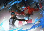  2boys amamiya_ren arsene_(persona_5) ascot black_coat black_hair black_hat black_pants blue_fire chain coat fingernails fire gloves grey_background hashtag-only_commentary hat highres joker_(persona_5) lluyss long_fingernails long_sleeves messy_hair multiple_boys pants persona persona_5 red_eyes red_gloves red_suit suit top_hat 