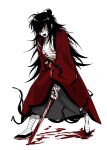  1girl absurdres bandaged_chest bandaged_foot bandaged_hand bandaged_leg bandaged_neck bandages black_hair black_hanfu black_nails black_shoes bleeding blood blood_on_bandages blood_on_body blood_on_face blood_on_ground blood_on_hands blood_on_weapon breasts chest_sarashi chinese_clothes chinese_commentary cleavage coat creature dao_gui_yi_xian eyeball fangs full_body genderswap genderswap_(mtf) guro hair_bun hair_over_one_eye hanfu highres holding holding_sword holding_weapon injury intestines li_huowang long_hair medium_breasts messy_hair nail_polish open_mouth organs red_coat red_eyes robe sarashi shoes simple_background single_hair_bun smile solo sword tentacles tentacles_under_clothes weapon white_background wide-eyed wuzi3742 