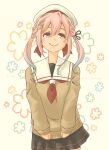  1girl absurdres alternate_color alternate_hairstyle black_skirt brown_sweater facing_viewer floral_background gradient_hair hair_ornament hairclip harusame_(autumn)_(kancolle) harusame_(kancolle) hat highres kantai_collection looking_up multicolored_hair neckerchief official_alternate_costume pink_hair pleated_skirt pot-de red_eyes red_neckerchief sailor_collar sailor_hat school_uniform serafuku sideways_glance skirt sleeves_past_wrists smile solo standing sweater twintails white_hat white_sailor_collar 