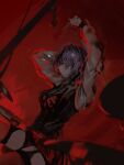  1girl absurdres amoris_(bang_dream!) arms_up bang_dream! bang_dream!_it&#039;s_mygo!!!!! black_vest closed_mouth commentary_request drumsticks garter_straps highres holding holding_drumsticks lemtun long_sleeves playing_drum purple_hair red_background red_eyes red_thighhighs short_hair solo thighhighs vest yuutenji_nyamu 