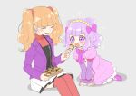  2girls ^_^ aged_down aged_up aihira_(aihira12) aisaki_emiru black_shirt blunt_bangs blush bow brown_hair buttons child closed_eyes collared_dress collared_jacket cone_hair_bun cowboy_shot diamond_button double_bun dress eyelashes feeding feet_out_of_frame food frilled_dress frilled_footwear frilled_skirt frilled_sleeves frills full_body grey_background hair_bow hair_bun hair_ornament hair_scrunchie hairband holding holding_food hugtto!_precure jacket lapels layered_shirt layered_sleeves leaning_forward light_blush long_dress long_hair long_sleeves looking_at_food mary_janes medium_hair miniskirt multiple_girls notched_lapels open_clothes open_jacket open_mouth pantyhose pleated_skirt precure puffy_long_sleeves puffy_short_sleeves puffy_sleeves purple_bow purple_dress purple_eyes purple_hair purple_jacket purple_shoes red_scrunchie red_shirt red_thighhighs role_reversal ruru_amour scrunchie shadow shirt shoes short_over_long_sleeves short_sleeves simple_background skirt smile sparkle takoyaki tareme thighhighs turtleneck turtleneck_shirt twintails wavy_hair white_pantyhose white_skirt yellow_hairband 