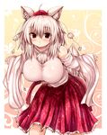  ahoge animal_ears bare_shoulders bent_over blush breasts detached_sleeves hat hat_ribbon highres inubashiri_momiji large_breasts long_sleeves looking_at_viewer md5_mismatch naoyama_masaru red_eyes ribbon shirt short_hair silver_hair skirt solo tokin_hat touhou wide_sleeves wolf_ears 