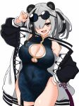  1girl adjusting_eyewear animal_ears arknights black_hair black_jacket blue-tinted_eyewear blue_dress blush breasts china_dress chinese_clothes chinese_knot cleavage cleavage_cutout clothing_cutout commentary covered_navel cowboy_shot dress eyewear_on_head fang feater_(arknights) grey_hair hair_between_eyes hair_over_one_eye hand_on_own_hip highres jacket large_breasts letterman_jacket long_bangs looking_at_viewer medium_hair midori10 multicolored_hair multicolored_jacket open_clothes open_jacket open_mouth orange_eyes panda_ears panda_girl purple-tinted_eyewear round_eyewear short_dress side_slit simple_background smile solo standing streaked_hair sunglasses thigh_strap tinted_eyewear twintails two-tone_hair two-tone_jacket white_background white_jacket 