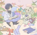  1boy 1girl alternate_costume aranara_(genshin_impact) black_bodysuit black_hair black_shorts blue_shawl blunt_ends bodysuit book bow bowtie casual coffee collared_shirt contemporary cross-shaped_pupils cup doll dragon dress eyelashes eyeliner eyeshadow falling_petals frilled_dress frills fungi_(genshin_impact) genshin_impact gold_necklace gold_pendant green_bow green_bowtie green_dress green_eyes green_hair green_sleeves hair_ornament holding_sewing_needle indoors jewelry leaf leaf_hair_ornament long_hair long_sleeves looking_at_another makeup mini_durin_(dragon)_(genshin_impact) mini_durin_(genshin_impact) multicolored_hair munya_(pic) nahida_(genshin_impact) necklace needle notice_lines official_alternate_costume open_book open_mouth partially_unbuttoned petals pillow pincushion pink_background pink_petals pointy_ears pom_pom_(clothes) puffy_sleeves purple_eyes purple_socks red_eyeliner red_eyeshadow scaramouche_(genshin_impact) scroll sewing sewing_needle shawl shirt shorts shoulder_peek side_ponytail sidelocks sitting small_dragon socks streaked_hair stuffed_toy sugar_cube symbol-shaped_pupils thread too_many_bows tray turtleneck turtleneck_bodysuit wanderer_(genshin_impact) wanderer_(wanderer_impression)_(genshin_impact) white_hair white_shirt white_sleeves wing_collar wispy_bangs yellow_pupils 