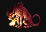  1boy artist_name bangle body_markings bracelet claws closed_mouth english_commentary eyrri_art facial_mark feather_hair_ornament feathers fiery_tail final_fantasy final_fantasy_vii hair_ornament jewelry looking_at_viewer male_focus mane red_fur red_hair red_xiii sitting tail 