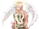  1girl angel angel_wings blonde_hair blue_eyes breasts closed_eyes closed_mouth feathered_wings frfr game_cg green_ribbon hair_between_eyes halo large_breasts light_smile long_hair micaela_(mon-musu_quest!) mon-musu_quest! mon-musu_quest:_paradox naked_ribbon navel nose pointy_ears ribbon solo variant_set very_long_hair wings yellow_halo 