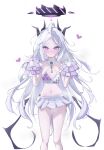  1girl absurdres ahoge black_halo blue_archive blush breasts demon_girl demon_horns demon_wings halo heart highres hina_(blue_archive) horns long_hair millennium_cheerleader_outfit_(blue_archive) navel pom_pom_(cheerleading) purple_eyes rabi9 simple_background small_breasts solo standing sweat white_background white_hair wings 