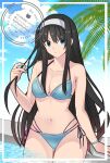  1girl bikini black_hair blue_sky bracelet breasts collarbone grey_bikini hairband halterneck highres hirakawa jewelry long_hair looking_at_viewer navel palm_leaf poolside side-tie_bikini_bottom sky solo swimsuit tohno_akiha tsukihime white_hairband 