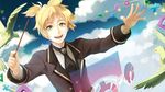  bass_clef bird black_neckwear blonde_hair conductor highres kagamine_len long_sleeves male_focus necktie rahwia smile solo vocaloid wallpaper wand 