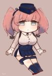  1girl anchor_hair_ornament atlanta_(kancolle) black_hat breasts brown_hair chibi collared_shirt dress_shirt earrings full_body fuzino garrison_cap garter_straps gloves grey_background grey_eyes hair_ornament hat high-waist_skirt highres jewelry kantai_collection large_breasts long_hair long_sleeves partially_fingerless_gloves shirt simple_background skirt solo star_(symbol) star_earrings striped_clothes striped_shirt suspender_skirt suspenders thigh_strap two_side_up white_shirt 