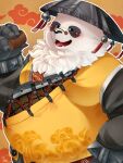 1boy animal_ears artist_name belly black_fur blush bracelet chinese_clothes claws commentary_request fangs fat food furry furry_male highres holding holding_food jewelry looking_at_viewer male_focus multicolored_fur open_mouth pan_yinhu panda_boy panda_ears pao_1p pawpads plump shirt signature smile spiked_bracelet spikes white_fur wok yellow_shirt zenless_zone_zero 