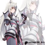  1girl animal_ear_fluff animal_ears arm_up armor arms_behind_back artist_name black_bodysuit bodysuit bodysuit_under_clothes breasts cat_ears cat_girl closed_mouth commentary english_commentary large_breasts looking_at_viewer m_(xenoblade) patreon_username red_bodysuit solo standing two-tone_bodysuit xenoblade_chronicles_(series) xenoblade_chronicles_3 yellow_eyes z-ki zoom_layer 