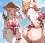  1girl ass ass_focus blonde_hair blue_eyes blush bottle bracelet breasts brown_hat calgary_callie_(nyantcha) cleavage collarbone collared_shirt female_pubic_hair fingernails from_behind hat highres huge_ass jewelry long_hair looking_at_viewer looking_back multiple_views nail_polish nyantcha one_eye_closed open_mouth original pubic_hair red_lips red_nails shirt sketch sky smile thick_lips thick_thighs thighs upper_body wide_hips 