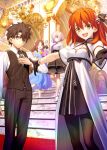  1boy 3girls absurdres black_gloves black_hair black_pantyhose blue_dress blue_eyes bouquet breasts brown_hair chandelier collared_shirt dress fate/grand_order fate_(series) formal_clothes fujimaru_ritsuka_(female) fujimaru_ritsuka_(male) gloves hair_ornament hair_ribbon highres holding holding_bouquet indoors jewelry key_visual leonardo_da_vinci_(fate) leonardo_da_vinci_(rider)_(fate) long_hair long_sleeves looking_at_viewer mash_kyrielight medium_hair multiple_girls necklace necktie official_art open_mouth orange_eyes orange_hair pantyhose pink_hair ponytail promotional_art purple_eyes ribbon shirt shoes short_hair shrug_(clothing) skirt smile stairs star_(symbol) star_hair_ornament suit takeuchi_takashi vest 
