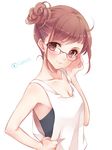  1girl artist_request bad_id brown_eyes brown_hair character_request glasses short_hair simple_background solo tukino_(panna) 