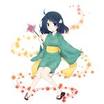  ahoge araragi_tsukihi black_eyes black_hair fried_egg japanese_clothes kimono macchan monogatari_(series) nisemonogatari pinwheel sandals short_hair solo 