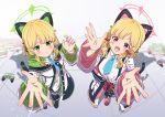  2girls absurdres animal_ear_headphones animal_ears aqua_necktie arms_up black_boots black_jacket black_shorts black_skirt black_thighhighs blonde_hair blue_archive blunt_bangs blurry blurry_background blush book book_stack boots bow breasts buttons cat_ear_headphones cat_ears closed_mouth collared_shirt commentary controller depth_of_field dot_nose dress_shirt fake_animal_ears fisheye frilled_jacket frilled_skirt frills from_above game_controller green_bow green_eyes green_halo green_jacket hair_bow halo headphones highres hood hooded_jacket jacket kakizaki_akira lens_flare light_particles long_sleeves looking_at_viewer low-tied_sidelocks midori_(blue_archive) momoi_(blue_archive) multicolored_jacket multiple_girls necktie off_shoulder open_clothes open_hand open_hands open_jacket open_mouth palms parted_bangs pigeon-toed pinching_gesture pink_boots pink_eyes pink_halo pink_jacket pleated_skirt reaching reaching_towards_viewer red_bow school_uniform shadow shirt short_hair short_necktie short_shorts shorts siblings sidelocks sisters skirt smile spread_fingers standing suspender_skirt suspenders teeth thighhighs tile_floor tiles twins unbuttoned untucked_shirt upper_teeth_only white_background white_jacket white_shirt wide_sleeves 