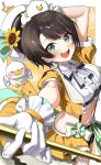  1girl :d animal_on_head arm_up beret black_bow black_bowtie black_hair black_shorts blue_eyes bow bowtie brooch center_frills commentary_request cropped_jacket cropped_shirt flower_brooch frilled_gloves frilled_shirt frilled_skirt frills garter_straps gloves hat highres holding holding_baton hololive idol jacket jewelry kito_koruta looking_at_viewer marching_band_baton midriff navel official_alternate_costume on_head oozora_subaru oozora_subaru_(starlight) open_mouth overskirt pinstripe_pattern pinstripe_shirt pinstripe_skirt shirt short_hair short_sleeves shorts showgirl_skirt skirt smile solo striped_bow striped_bowtie striped_clothes suba_tomo_(big) suba_tomo_(small) suspender_shorts suspenders swept_bangs teeth upper_teeth_only virtual_youtuber white_bow white_bowtie white_garter_straps white_gloves white_hat white_shirt yellow_jacket yellow_skirt 