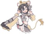  1girl animal_ears arm_warmers black_boots black_hair blush boots claw_pose cropped_shirt crown fake_tail full_body grey_sailor_collar grey_skirt hair_ornament hairclip hat hat_with_ears hood idolmaster idolmaster_(classic) kikuchi_makoto knees_up lion_ears lion_tail looking_at_viewer midriff mini_crown navel one_eye_closed open_mouth pnt_0202 sailor_collar shirt short_hair simple_background single_leg_pantyhose single_leg_warmer sitting skirt sleeveless sleeveless_shirt smile solo tail thighhighs white_background white_shirt 