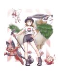  1girl black_hair black_shoes blonde_hair blue_eyes darumaka gogoat hand_on_own_hip hat high-waist_shorts highres klefki mgishere microphone pokemon pokemon_(creature) ribombee shoes shorts smile taylor_swift torracat 