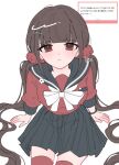  1girl black_sailor_collar black_skirt bow bowtie brown_hair danganronpa_(series) danganronpa_v3:_killing_harmony hair_ornament hair_scrunchie hairclip harukawa_maki highres long_sleeves mole mole_under_eye pleated_skirt pote_(pote_39) red_scrunchie red_shirt red_thighhighs sailor_collar scrunchie shirt simple_background sitting skirt solo thighhighs translation_request white_background white_bow white_bowtie 