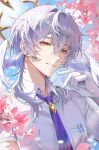  1boy absurdres alternate_costume bishounen cherry_blossoms closed_mouth collared_shirt commentary emong feathered_wings gloves hair_between_eyes head_wings highres honkai:_star_rail honkai_(series) long_hair looking_at_viewer male_focus necktie purple_necktie school_uniform shirt smile solo sunday_(honkai:_star_rail) upper_body white_gloves white_hair white_shirt wings yellow_eyes 