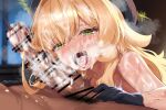  1boy 1girl absurdres after_fellatio bar_censor black_gloves blonde_hair blue_archive censored cum cum_in_mouth cum_on_body facial gloves green_eyes hetero highres kamanbearu long_hair male_pubic_hair penis penis_awe professor_niyaniya_(blue_archive) pubic_hair stray_pubic_hair textless_version 