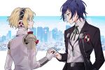  1boy 1girl aigis_(persona) android belt belt_buckle black_belt black_hairband black_jacket black_pants blonde_hair blue_eyes blue_hair bow bowtie buckle closed_mouth collared_shirt commentary_request detached_collar elulit2 gekkoukan_high_school_uniform hairband highres holding_hands interlocked_fingers jacket long_sleeves looking_at_another neck_ribbon open_clothes open_jacket pants persona persona_3 profile red_bow red_bowtie ribbon robot_ears school_uniform shirt short_hair smile white_shirt yuuki_makoto_(persona_3) 