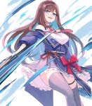  1girl aqua_eyes aqua_hair arm_at_side assault_lily bare_shoulders belt belt_buckle black_thighhighs blood blood_spray blue_blood blue_jacket blue_ribbon blue_skirt bow breasts brown_hair buckle colored_inner_hair commentary_request detached_collar diagonal-striped_clothes diagonal-striped_necktie feet_out_of_frame frilled_shirt frilled_skirt frills hairband halter_shirt halterneck hand_up high-waist_skirt highres holding holding_weapon ishizuka_fujino jacket large_breasts looking_at_viewer mila_(yuta27315) miniskirt multicolored_hair necktie o-ring o-ring_thigh_strap off_shoulder official_alternate_costume outstretched_arm parted_lips pink_hairband puffy_sleeves red_bow red_necktie red_ribbon ribbon shirt skirt slashing smile solo standing striped_clothes thigh_strap thighhighs three-quarter_sleeves two-tone_hair weapon white_background white_belt white_shirt zettai_ryouiki 