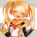  1girl belt black_sleeves blonde_hair blue_nails border bottle brown_belt closed_eyes dragon_quest dragon_quest_builders_2 dress earrings fangs female_builder_(dqb2) gloves grey_border hair_pulled_back hair_ribbon head_tilt holding holding_bottle hoop_earrings hotaro_(bread_fusa) jewelry multicolored_nails nail_polish neckerchief open_mouth red_dress red_nails red_ribbon ribbon silver_earrings single_glove solo twintails two-tone_dress upper_body white_background white_dress yellow_gloves yellow_neckerchief 