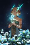  1girl armlet blonde_hair bracelet braid circlet crown_braid dragon_ears dragon_girl dragon_horns dress earrings flower glowing glowing_eyes hashtag-only_commentary highres holding holding_flower horns jewelry light_dragon_(zelda) looking_at_viewer magatama magatama_necklace necklace princess_zelda sanri33 shiny_horns short_hair silent_princess solo spoilers standing strapless strapless_dress the_legend_of_zelda the_legend_of_zelda:_tears_of_the_kingdom 