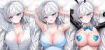  1girl animal_ears arm_behind_head armpits arms_up bare_arms bare_shoulders bed_sheet blue_eyes blue_shirt bow bowtie breasts camisole chaeduna cleavage closed_mouth collarbone commentary_request detached_collar dress_shirt fake_animal_ears heart heart-shaped_pupils heart_pasties indie_virtual_youtuber korean_commentary lace_trim large_breasts lethe_(lethe187) long_hair long_sleeves looking_at_viewer lying multiple_views on_back open_mouth parted_lips partially_unbuttoned pasties rabbit_ears reverse_bunnysuit reverse_outfit shirt sleeveless sleeveless_shirt smile spaghetti_strap symbol-shaped_pupils virtual_youtuber white_hair white_shirt 