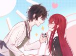  1boy 1girl amamiya_ren apron black_hair black_jacket blue_background blush closed_eyes commentary_request glasses grey_eyes heart highres holding holding_removed_eyewear jacket light_smile long_hair long_sleeves messy_hair persona persona_5 red_hair shirt sparkle unworn_eyewear white_shirt yanhuizuimo yoshizawa_kasumi 