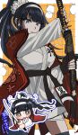  absurdres black_gloves black_hair black_thighhighs blush breasts cape chibi chibi_inset dougi fingerless_gloves gloves grey_eyes headband highres holding holding_sword holding_weapon jitsu_(g2jitsu_jitsune) katana large_breasts long_hair looking_at_viewer magadori_kyoshika martial_arts_belt ponytail red_cape sheath sword the_hundred_line_-last_defense_academy- thighhighs unsheathing weapon white_headband 