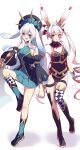  2girls absurdres animal_ears asymmetrical_clothes asymmetrical_legwear bare_shoulders black_leotard blush boots breasts charm_(object) checkered_thighhighs detached_sleeves dress duel_monster frilled_hat frills full_body gradient_hair hair_between_eyes hair_intakes hat highres holding holding_weapon kanzakietc leotard long_hair long_sleeves looking_at_viewer maliss_&lt;p&gt;_march_hare maliss_&lt;p&gt;_white_rabbit medium_breasts multicolored_hair multiple_girls open_mouth pink_eyes rabbit_ears rabbit_girl simple_background smile spiked_hair_ornament standing standing_on_one_leg strapless strapless_dress thigh_boots thigh_strap very_long_hair weapon white_background white_hair wide_sleeves yu-gi-oh! 