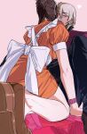  1boy 1girl ace_attorney alternate_costume amikoiiko apollo_justice:_ace_attorney apron back_bow black_shirt blonde_hair blue_pants bow brown_hair brown_shoes closed_eyes collared_dress dark-skinned_male dark_skin dress drill_hair earrings ema_skye english_commentary eyewear_on_head facing_away foot_out_of_frame frilled_apron frills from_behind heart highres jacket jewelry kiss klavier_gavin lapels long_hair maid maid_apron mary_janes medium_hair mismatched_eyebrows no_socks notched_lapels orange_dress pants phoenix_wright:_ace_attorney_-_trials_and_tribulations pink-tinted_eyewear pink_background popped_collar puffy_short_sleeves puffy_sleeves purple_jacket reflective_floor shirt shoes short_dress short_sleeves simple_background single_earring sitting suit_jacket tinted_eyewear tres_bien_maid_uniform white_apron white_bow 