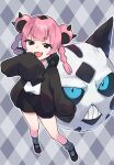  1girl :d black_eyes black_jacket black_shoes black_shorts blue_eyes braid commentary_request coral_(pokemon) double_bun fang glalie grey_socks gucchiann hair_bun hand_up highres hood hood_down hooded_jacket jacket long_sleeves open_clothes open_jacket pink_hair plaid_background pokemon pokemon_(anime) pokemon_(creature) pokemon_horizons puffy_long_sleeves puffy_sleeves shoes shorts sleeves_past_fingers sleeves_past_wrists smile socks standing twin_braids twintails twitter_username 