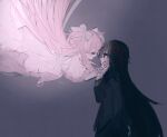  a_umanee akemi_homura black_hair bow closed_eyes comforting face-to-face grey_background hand_on_another&#039;s_face highres kaname_madoka long_hair looking_at_another mahou_shoujo_madoka_magica pink_hair red_bow twintails ultimate_madoka very_long_hair 